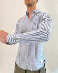 Camicia OverD lino riga lime e blu