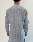 Camicia coreana Gianni Lupo riga bastoncino blu lino