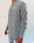 Camicia coreana Gianni Lupo riga bastoncino blu lino