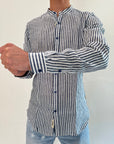 Camicia coreana Gianni Lupo riga bastoncino blu lino