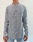 Camicia coreana Gianni Lupo riga bastoncino blu lino