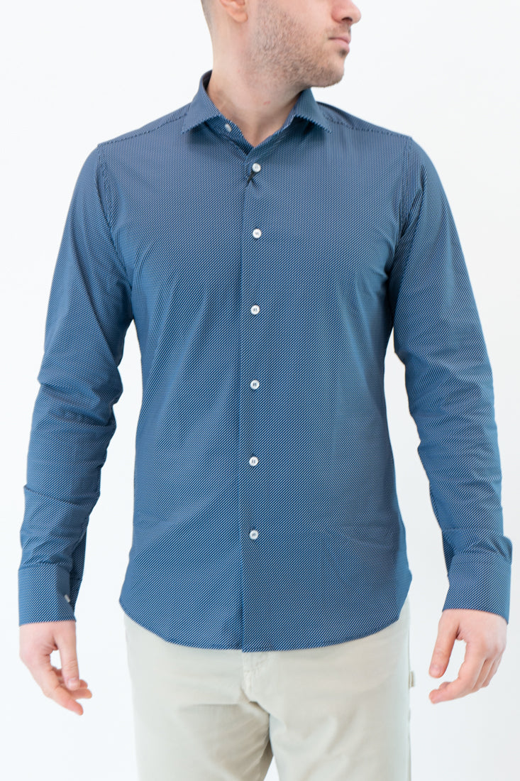 Camicia tessuto tecnico microfantasia blu, bianco e azzurro