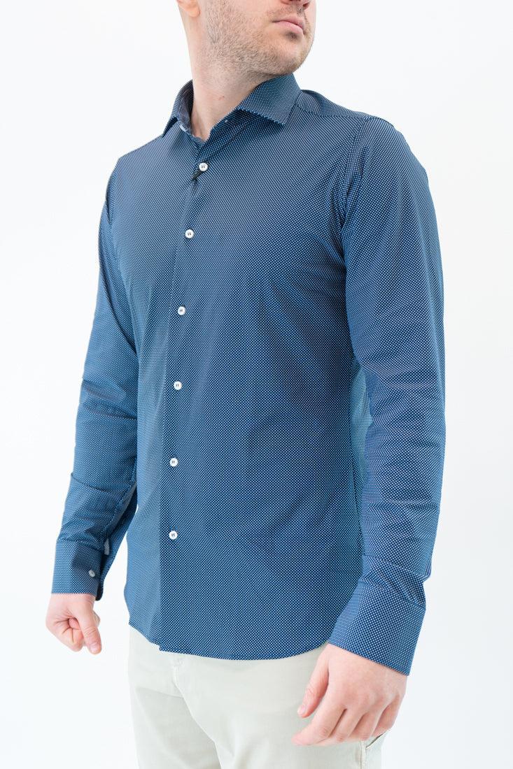 Camicia tessuto tecnico microfantasia blu, bianco e azzurro