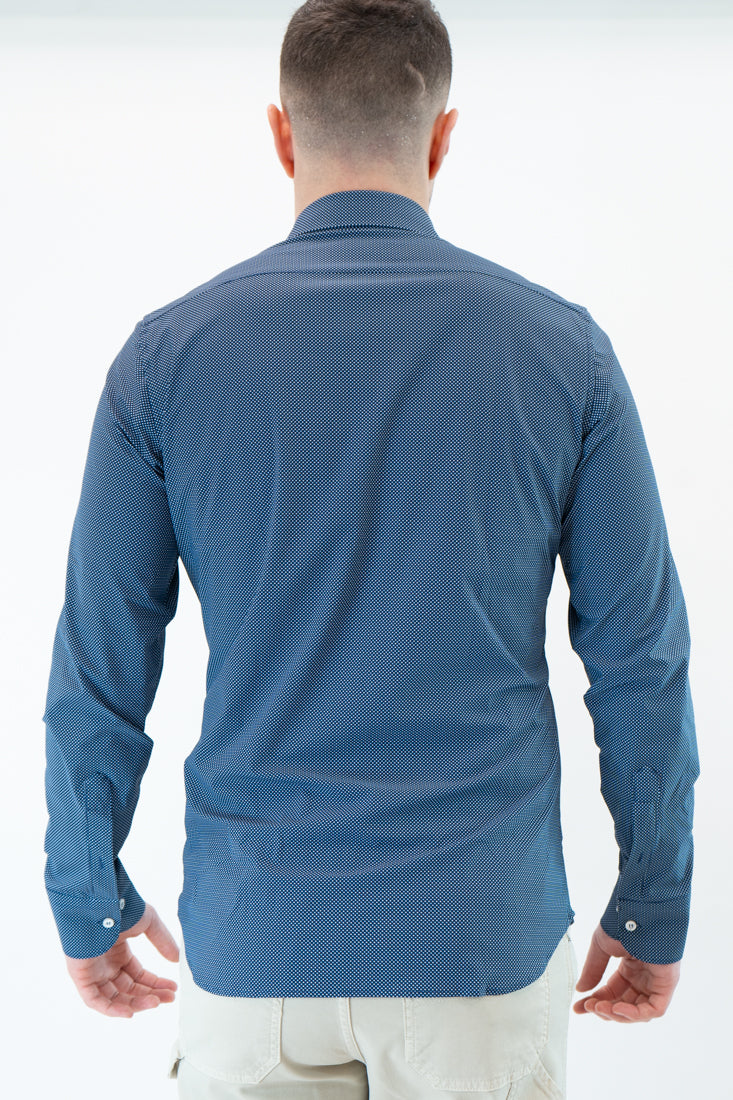 Camicia tessuto tecnico microfantasia blu, bianco e azzurro