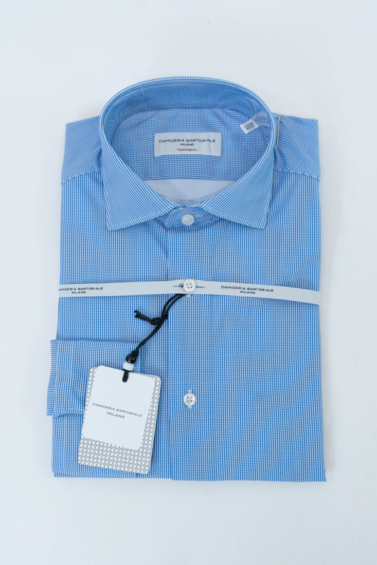 Camicia tessuto tecnico microfantasia bianco azzurro