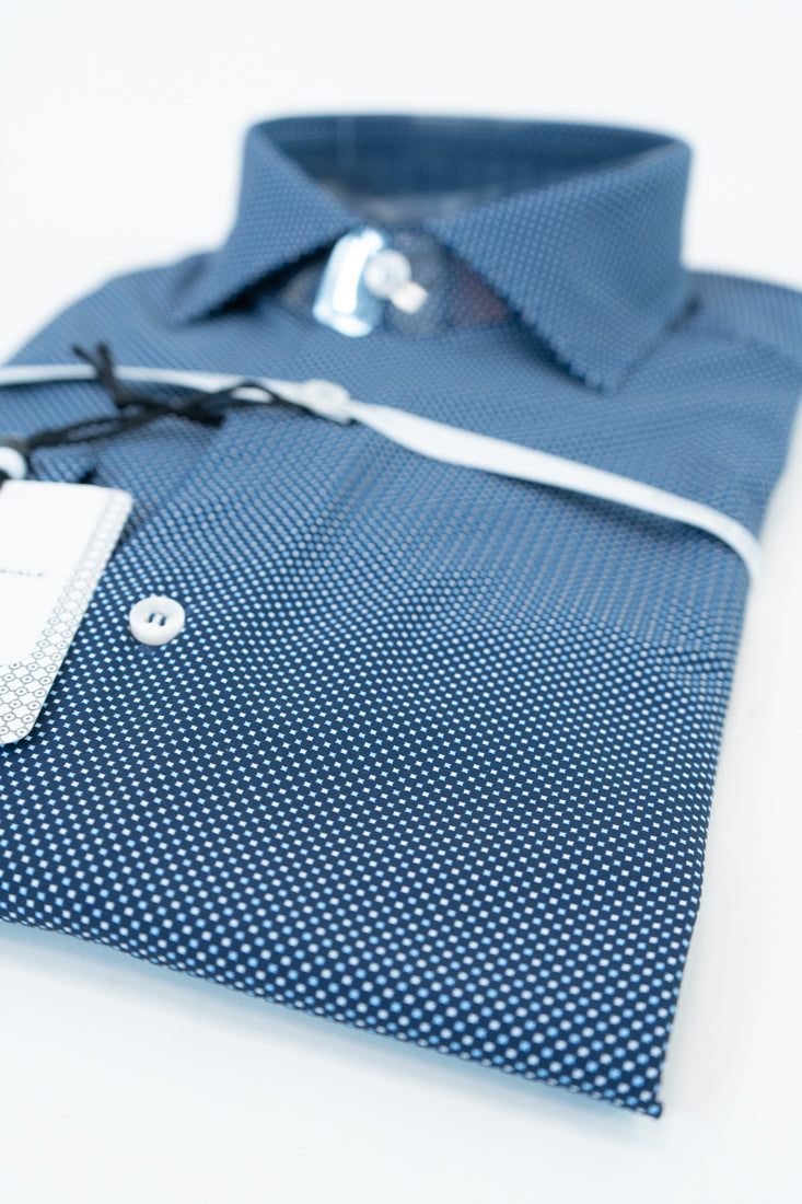 Camicia tessuto tecnico microfantasia blu, bianco e azzurro