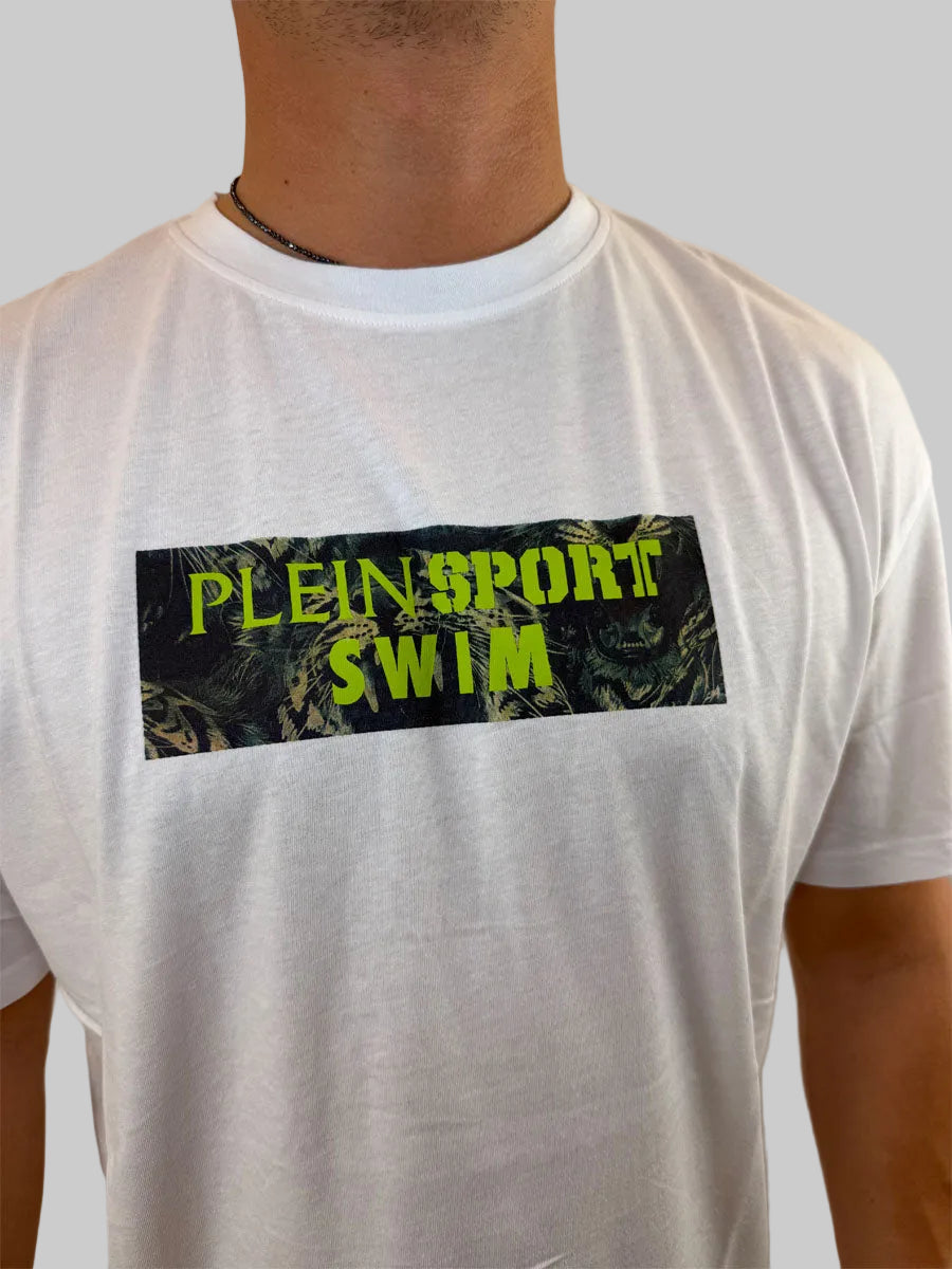 T-shirt Philipp Plein Sport Swim bianco con logo fluo