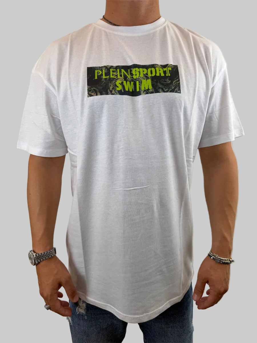 T-shirt Philipp Plein Sport Swim bianco con logo fluo