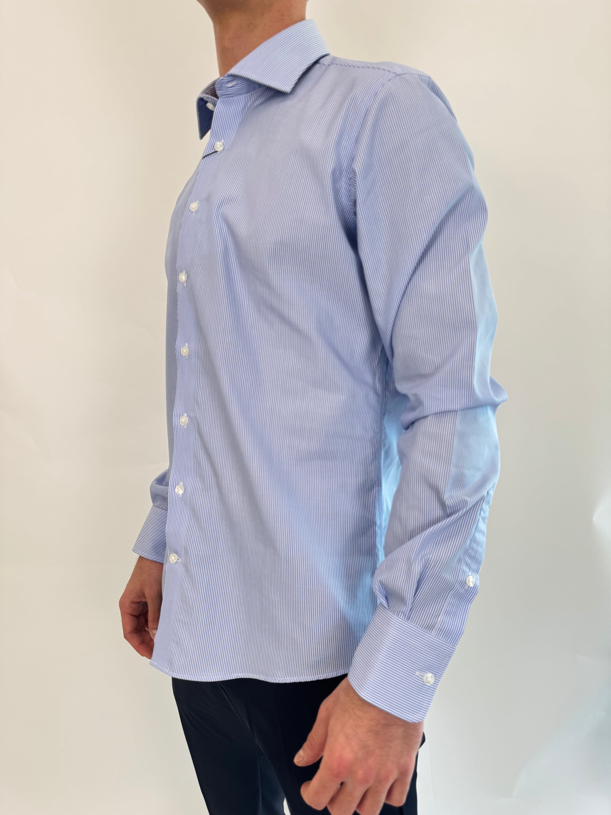 Camicia Zero Iron Plus Riga sottile blu