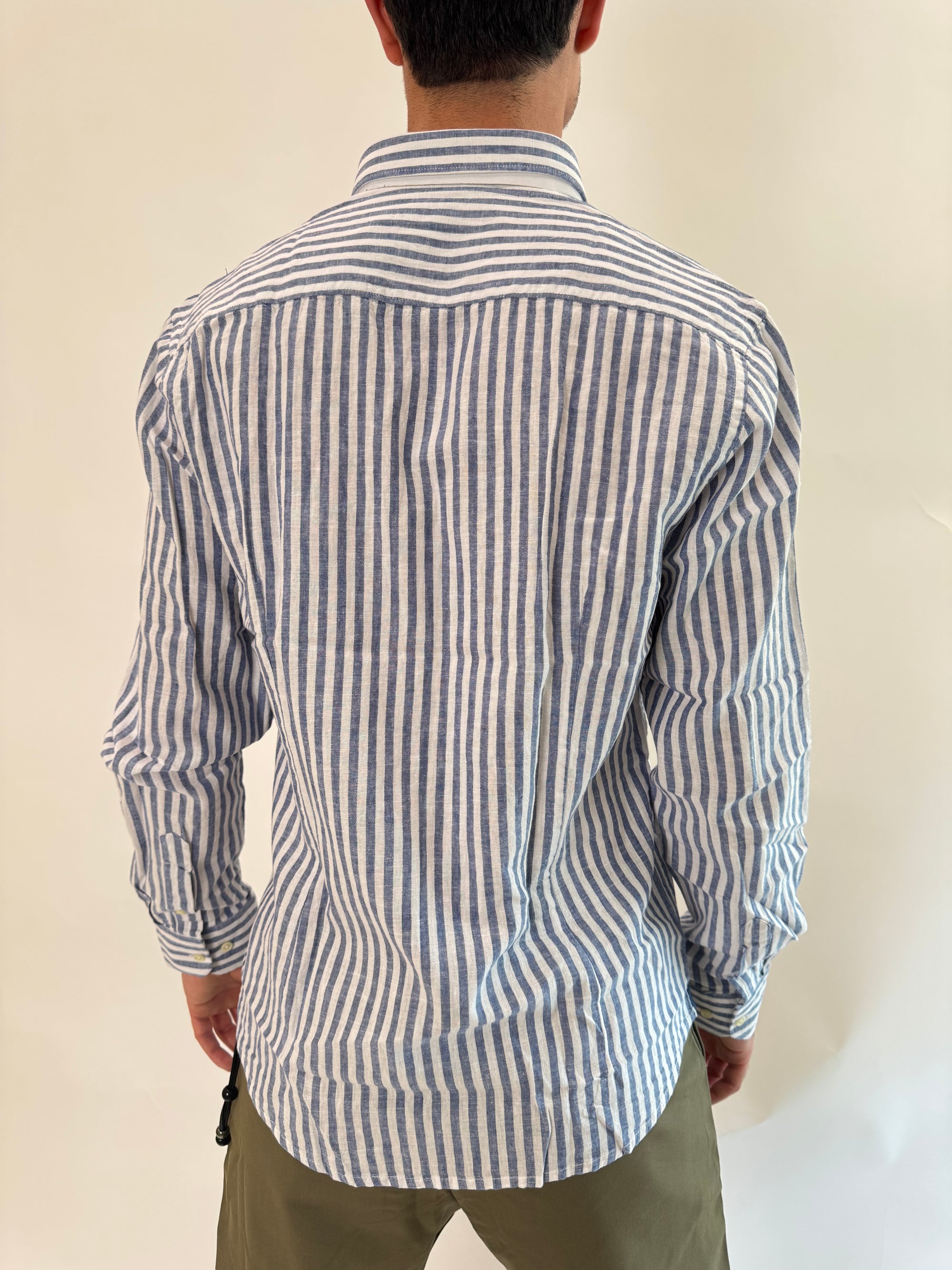 Camicia OverD lino riga lime e blu