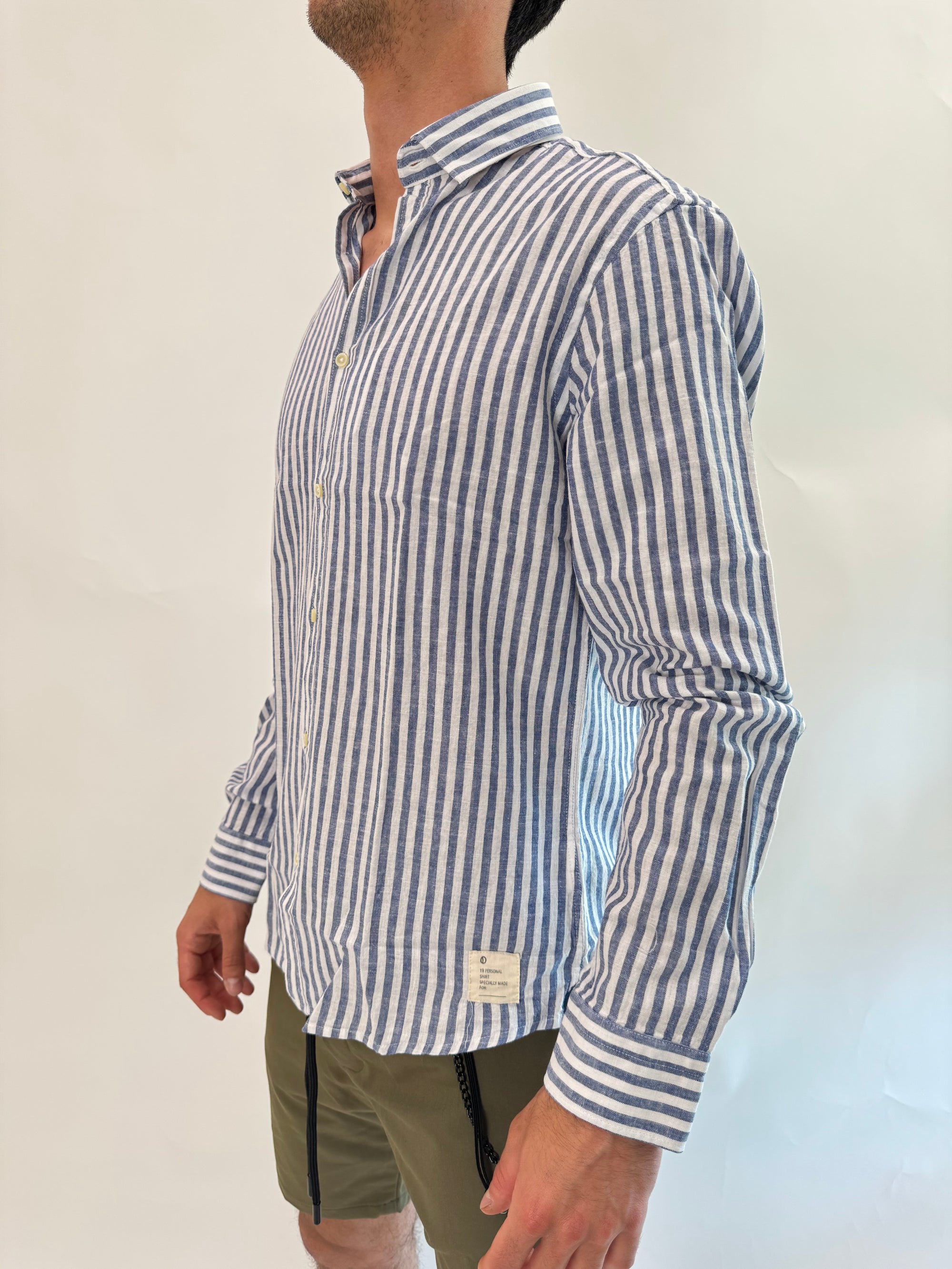 Camicia OverD lino riga lime e blu