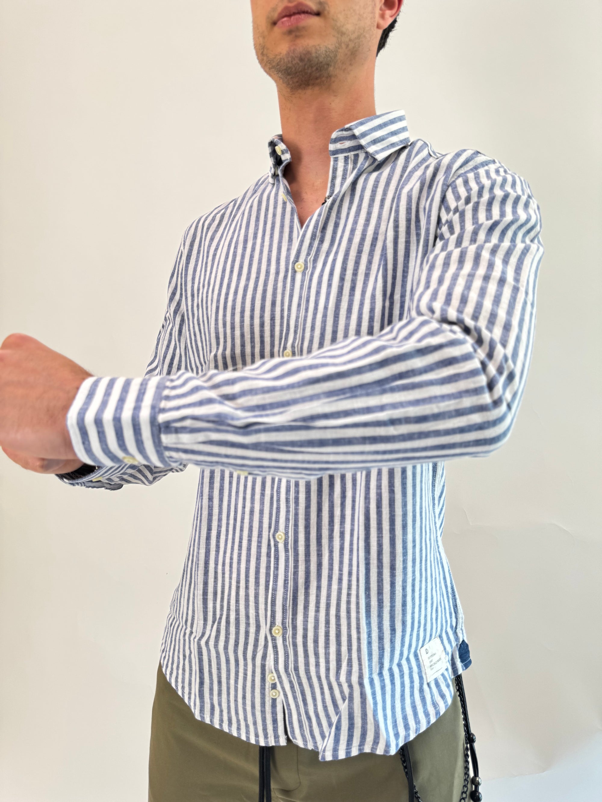 Camicia OverD lino riga lime e blu